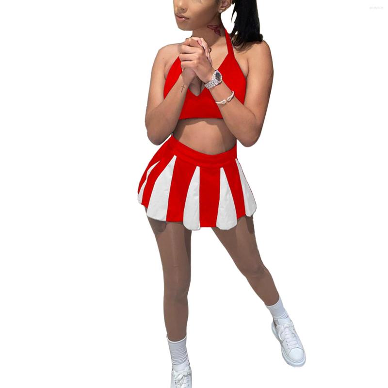 

Work Dresses Women Sexy Two-piece Clothes Set Halter Neck Backless Crop Tops And Elastic High Waist Skirt Black/ Red/ Royal Blue