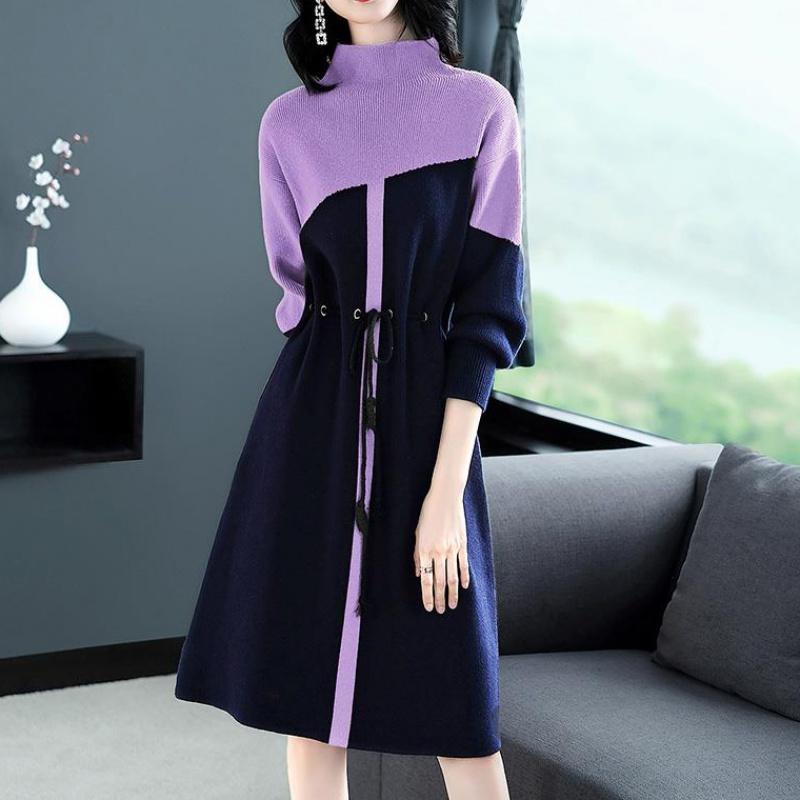 

Casual Dresses Winter Dress Long Sleeve High Waist Frenum Loose Knit Dress2023 Style Fashion Plus-size Pattern Sweater, Blue