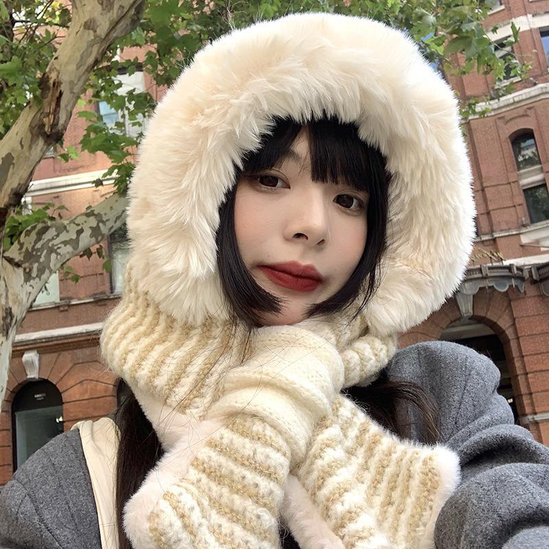 

Berets Diyalo Windproof Warm Thicken Plush Hat Faux Lamb Wool Knitted Striped Bomber Earmuffs Ear-flapped Beanie Scarf Women, Black