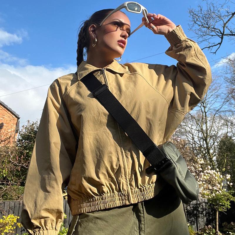 

Women' Jackets 2023 Khaki Cargo Style Bomber Coats Women Bat Sleeve Zip Up Pockets Stitch Vintage Casual Street Outwear Autumn