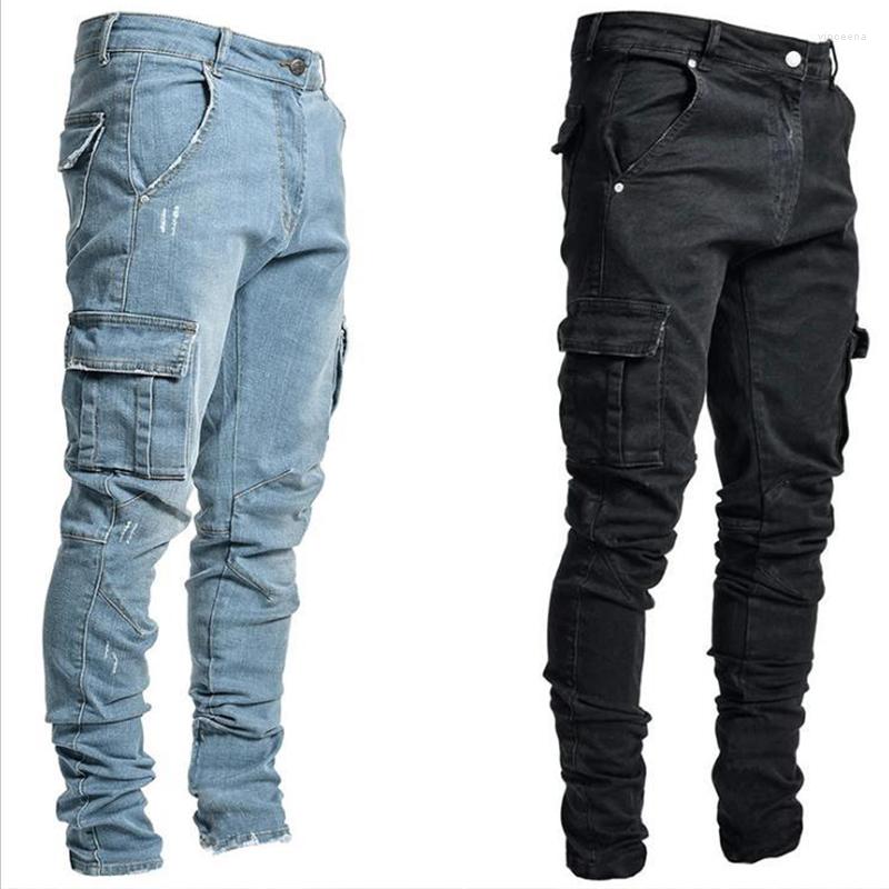 

Men's Jeans Cotton Side Casual Pants Men's Man Multi Trousers Denim Pockets Cargo Pocket Fashion Men, L0066 blue