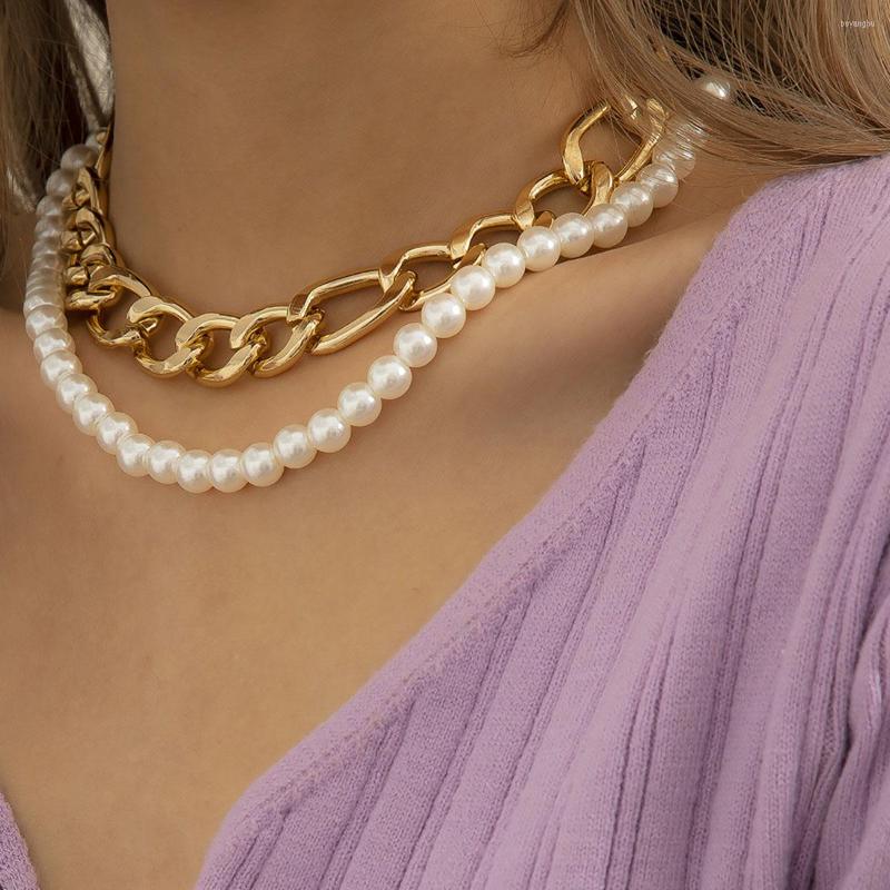 

Choker Multilayer Gold Color Metal Cuban Stubby Clavicle Necklace Men Vintage Imitation Pearl Beaded Necklaces Girls Fashion Jewelry