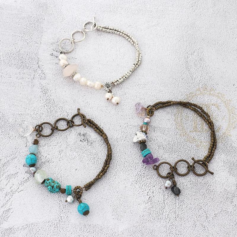 

Strand One Fashion Jewelry Vintage Finish Fresh Water Pearl And Semi-Precious Synthetic Stone Bracelet With Elastic Cord (BE185)