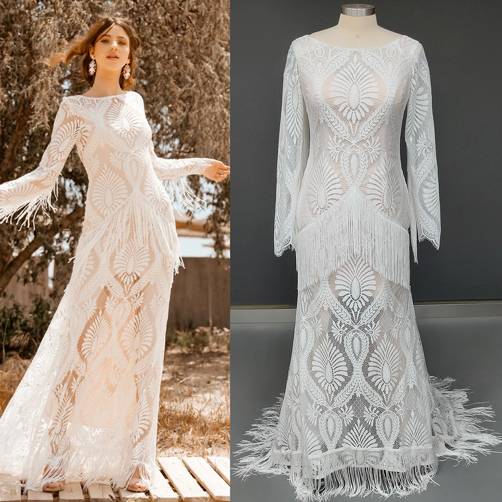 

Party Dresses Fringe Chantilly Lace Wedding Dress Long Tassels Sleeves High Split Slip Custom Made Boho Destination Bateau Neck Bridal Gowns 230217, All lined nude