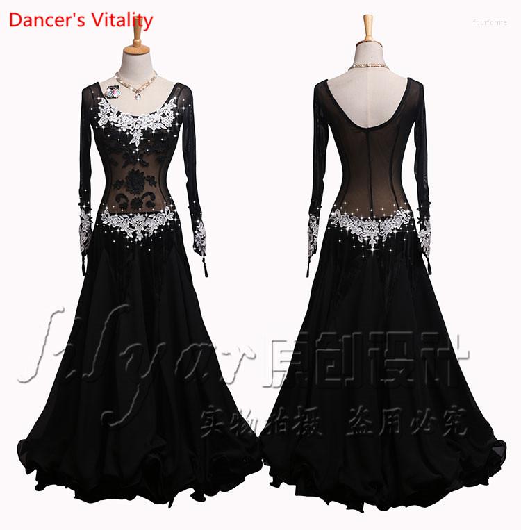 

Stage Wear Senior Embroidery Ballroom Dance Dress Women Waltz Tango Performance Clothes Elastic Force Gauze Lace Big Swing Dresses, Dress vs necklace
