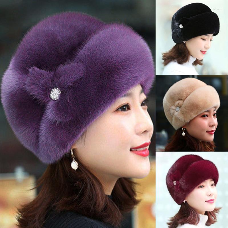 

Berets Russian Fur Ski Hat Winter Warm Imitation Mink Caps For Women Earflap Fisherman Floral Basin Cap, Khaki
