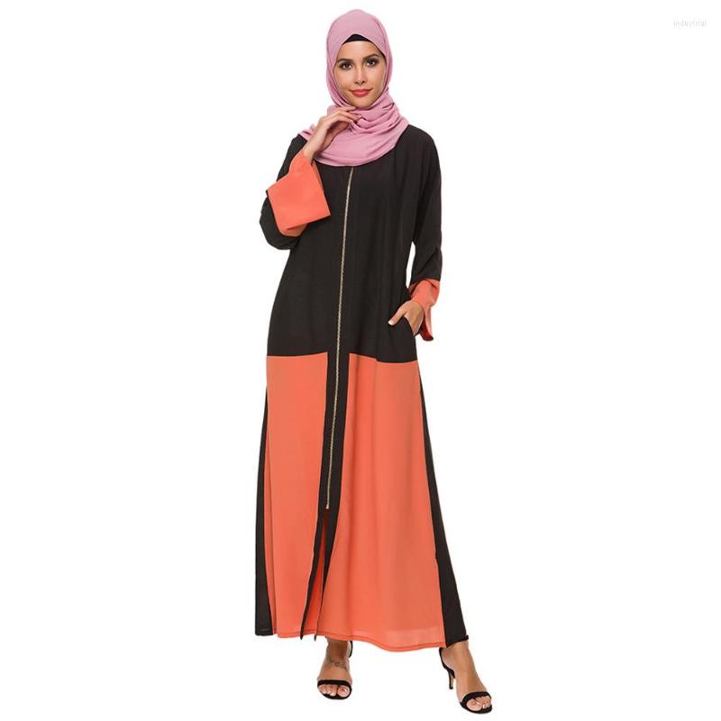 

Ethnic Clothing Muslim Orange Zip Chiffon Dress Fake Two Pieces Abaya Female Musical Robe Prayers Abayas Drop