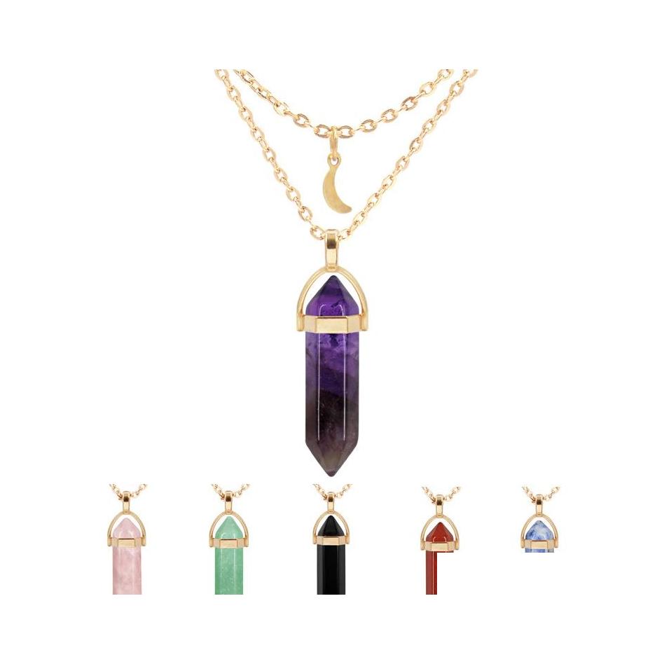 

Pendant Necklaces Natural Stone Reiki Healing Necklace Moon Hexagonal Opal Amethysts Quartz Tigers Eye Chakra Pendum Drop Delivery J Dhfvt