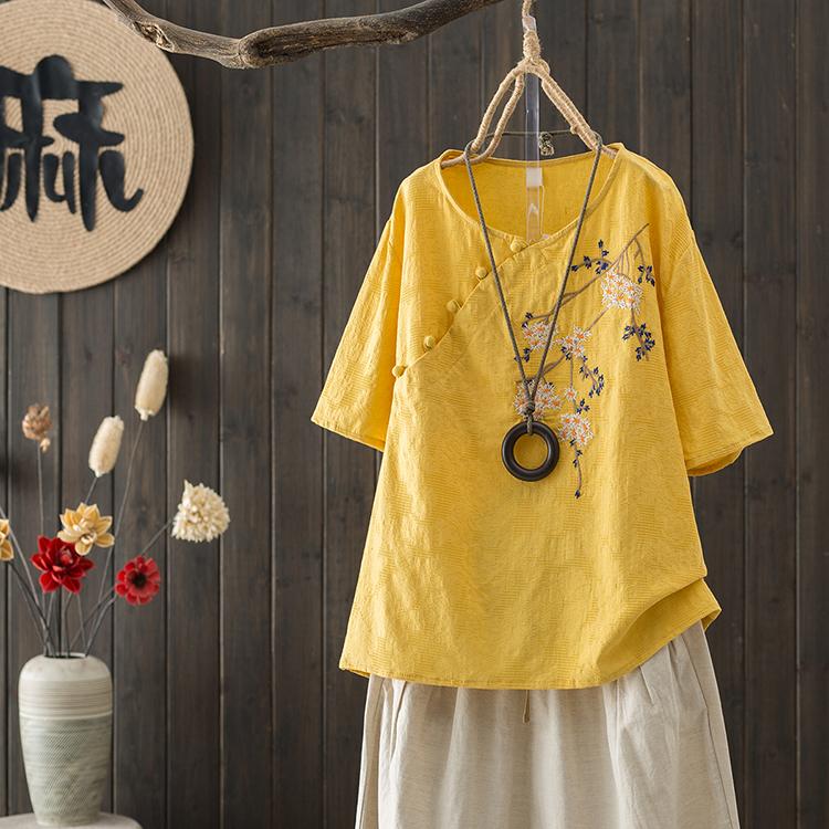 

Women's T Shirts Summer National Cotton And Linen Shirt Literary Fashion Embroidery V-neck Loose All-match Pullover Tshirt Woman Tops TeesW, Pink