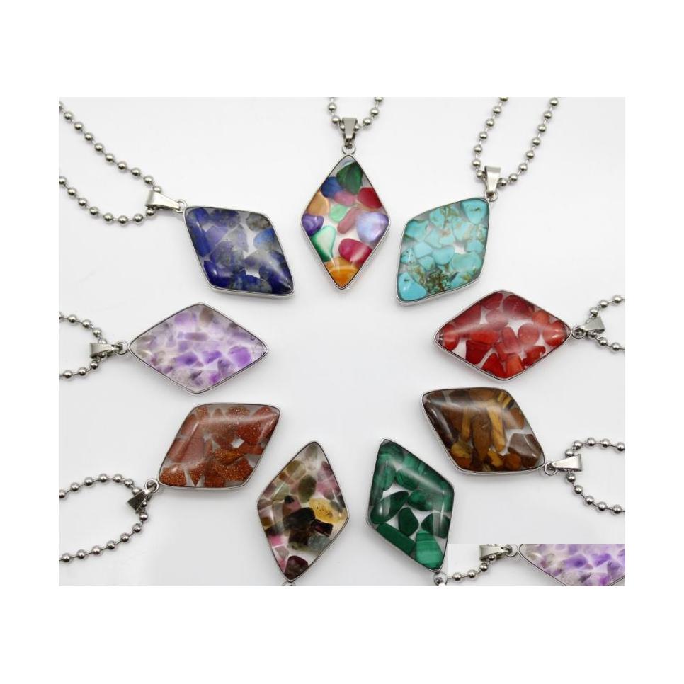

Pendant Necklaces Stainless Steel Chain Gravel Stone Rhombus Glass Pink Quartz Crystal Agates Turquoises Malachite Necklace Drop Del Dhxax
