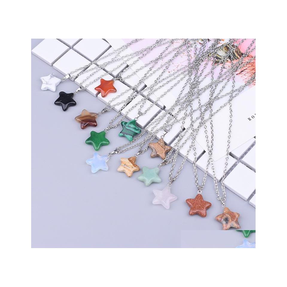 

Pendant Necklaces Natural Stone Fivepointed Star Shape Turquoise Opal Druzy Drusy Necklace With 50Cm Stainless Steel Chain Drop Deli Dhmrh