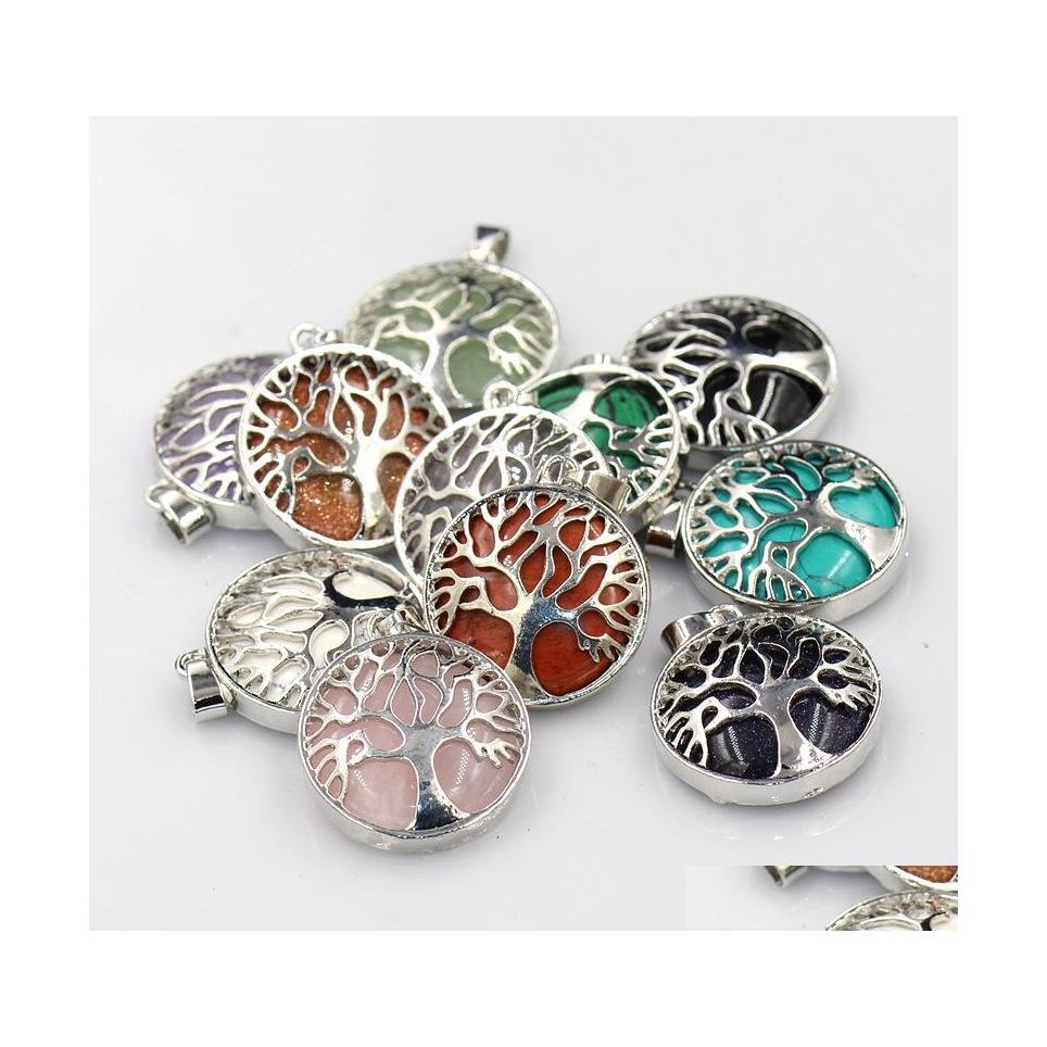 

Charms Natural Stone Amethysts Rose Quartz Chakra Lapis Alloy Tree Of Life Pendants For Necklace Jewelry Accessories Marking Drop De Dh7P9