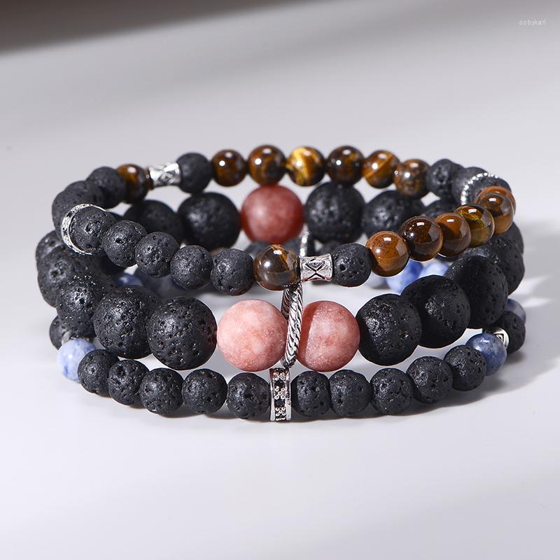 

Strand 3pcs /set 6-10mm Black Lava Stone Beads Stack Breacelet Men Elastic Rope Distance Bracelet