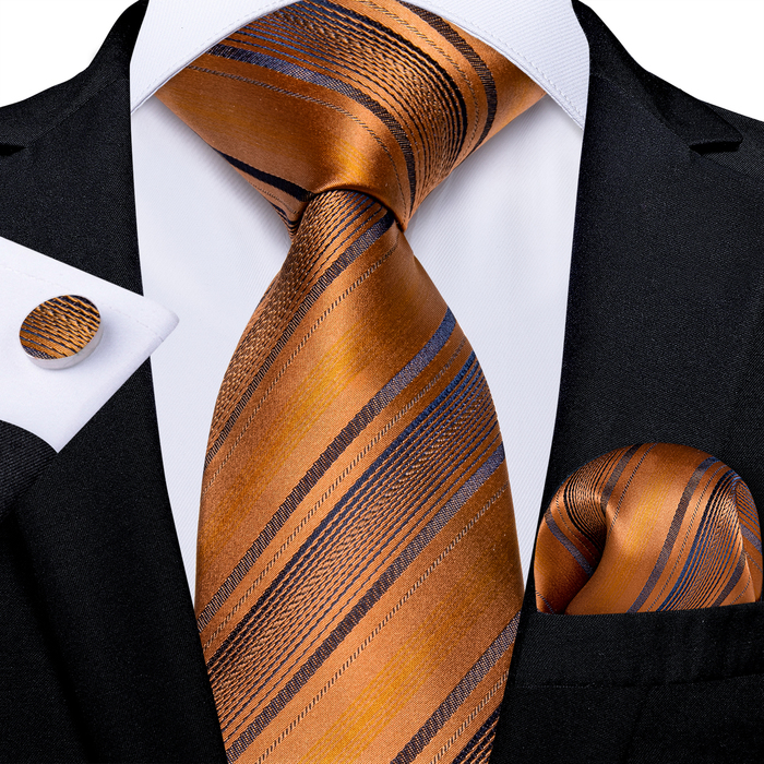

Bolo Ties Orange Striped Silk for Men High Quality 8cm Wedding Party Business Accessories Necktie Set Handkerchief Cufflinks DiBanGu 230217