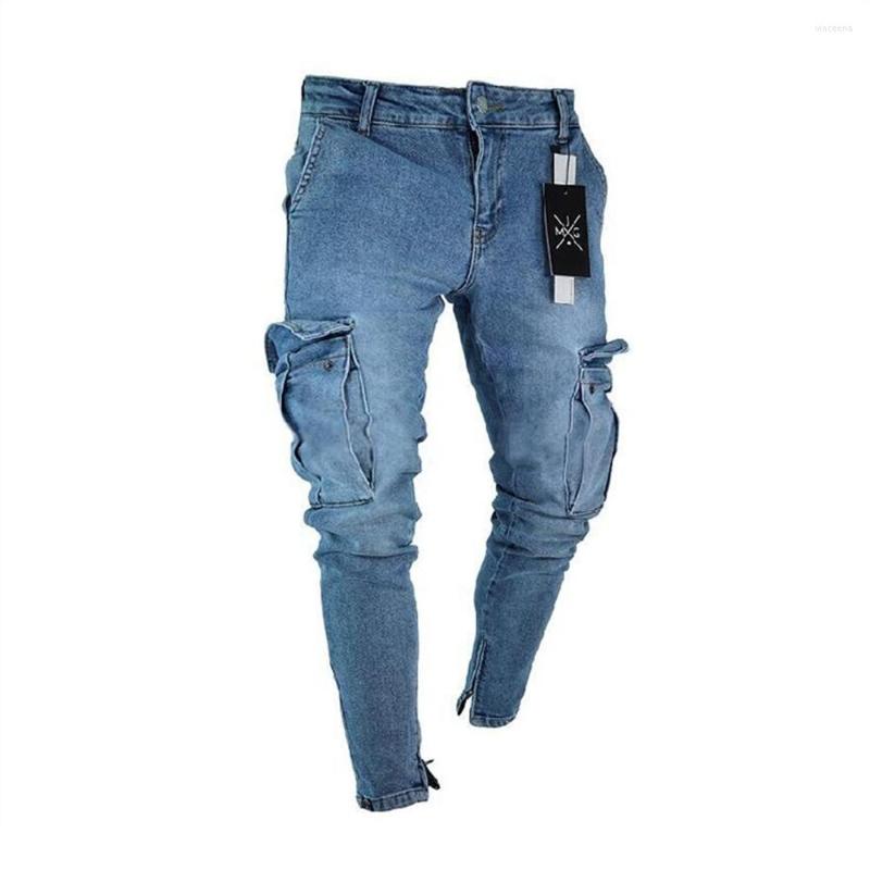 

Men's Jeans Pocket Men Pants Cargo Side Multi Denim Pencil Casual Trousers Pockets Color Solid Fashion, Blue
