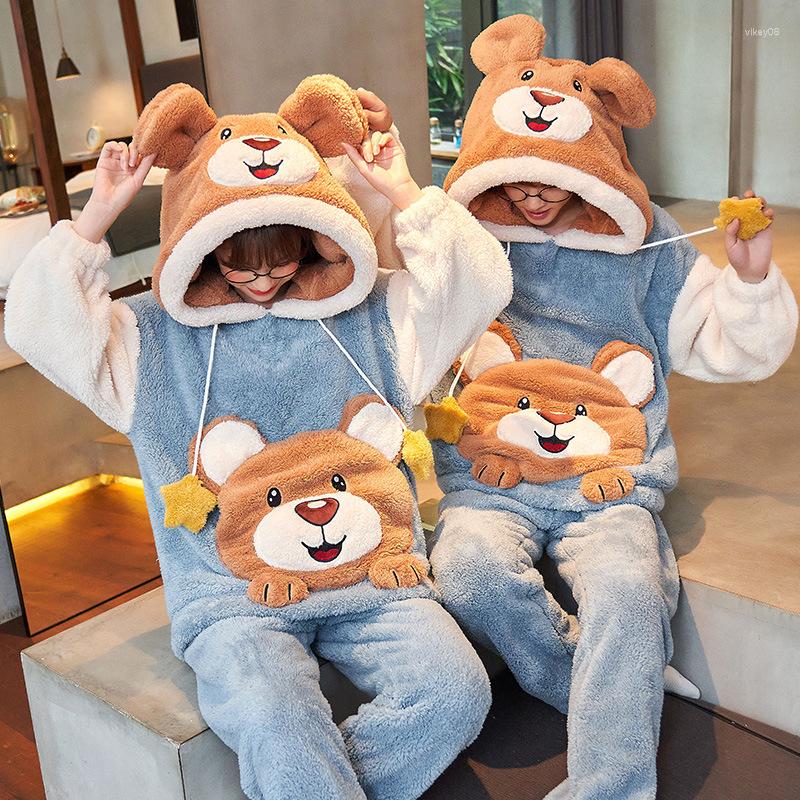 

Women's Sleepwear Unisex Adult Couple Pajamas Men Women Winter Coral Fleece 2 Pieces Warm Pajama Set Animal Cartoon Cute Hooded Homewear, 6901