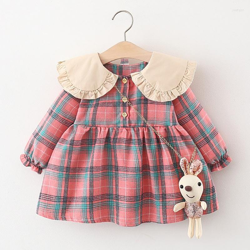 

Girl Dresses 0-4Y Fashion Children Kids Baby Girls Dress Plaid Long Sleeve Cotton Casual A-line With Bag Clothes Borns, 983