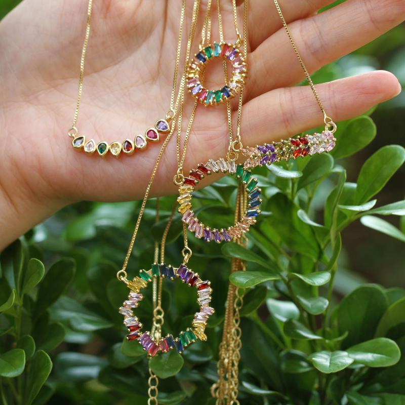 

Pendant Necklaces Trendy Women Necklace Fashion Rainbow Cubic Zircon Round Copper Box Chain Charm For Femme JewelryPendant NecklacesPendant