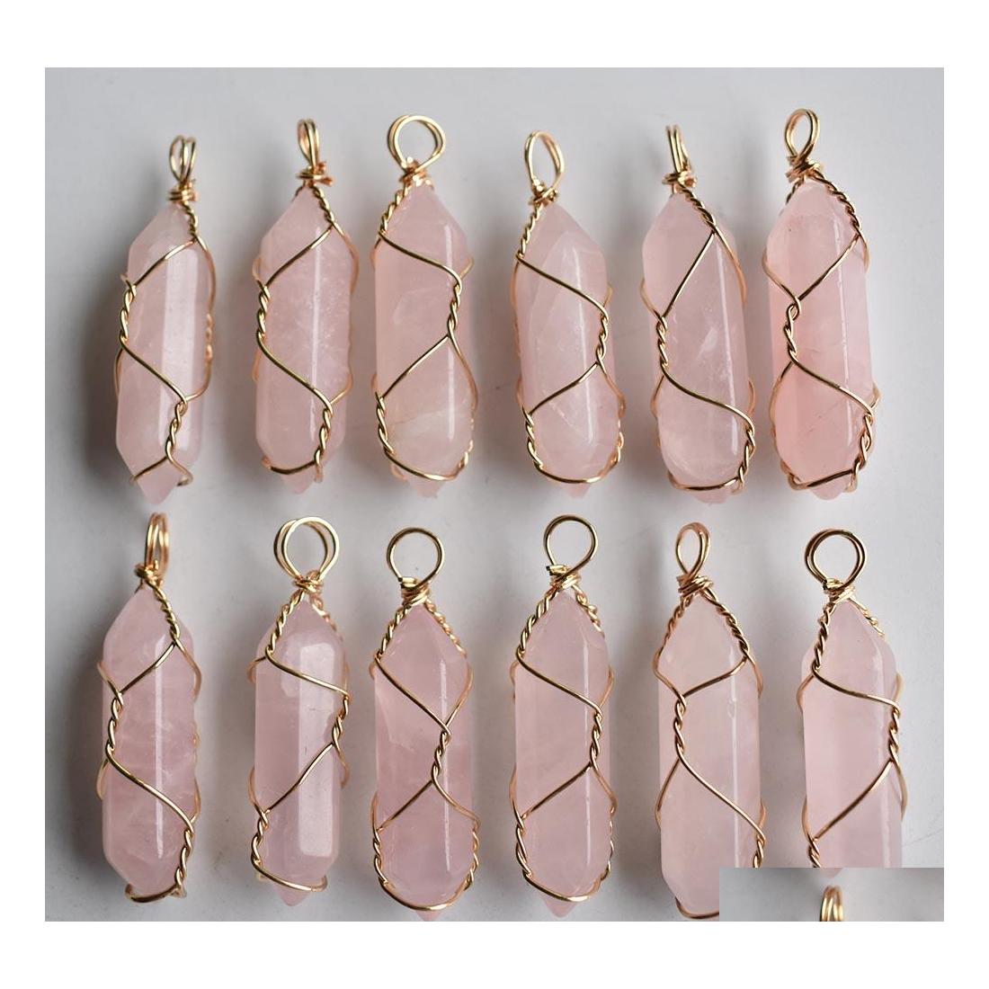

Charms Natural Stone Pink Quartz Pillar Shape Point Handmade Iron Wire Pendants For Jewelry Necklace Earrings Making Drop Delivery F Dhjel