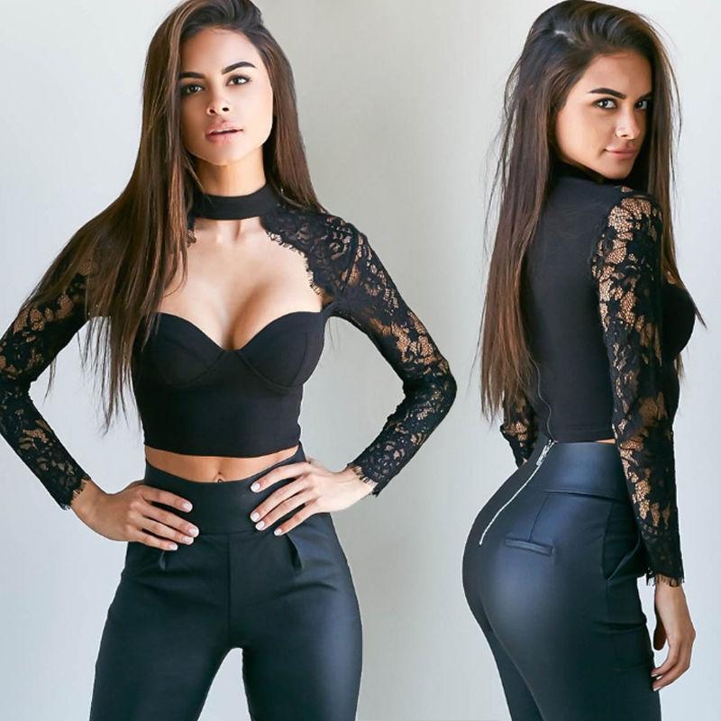 

Women' T Shirts Women Fashion Long Sleeve Lace Patchwork Hollow Out Sexy Halter Low Cut Short, Black