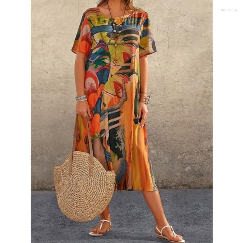 

Party Dresses 2023 Women' Fashion Casual Print Dress Summer Short Sleeve Loose Round Neck Wide Long Art Retro, Blue
