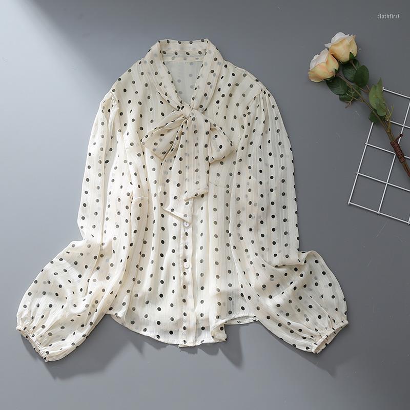 

Women' Blouses Vintage Elegant Chic Polka Dot Print Bright Silk Long Sleeve Blouse Top Women Spring Autumn Casual Bow Lantern Shirts, Apricot