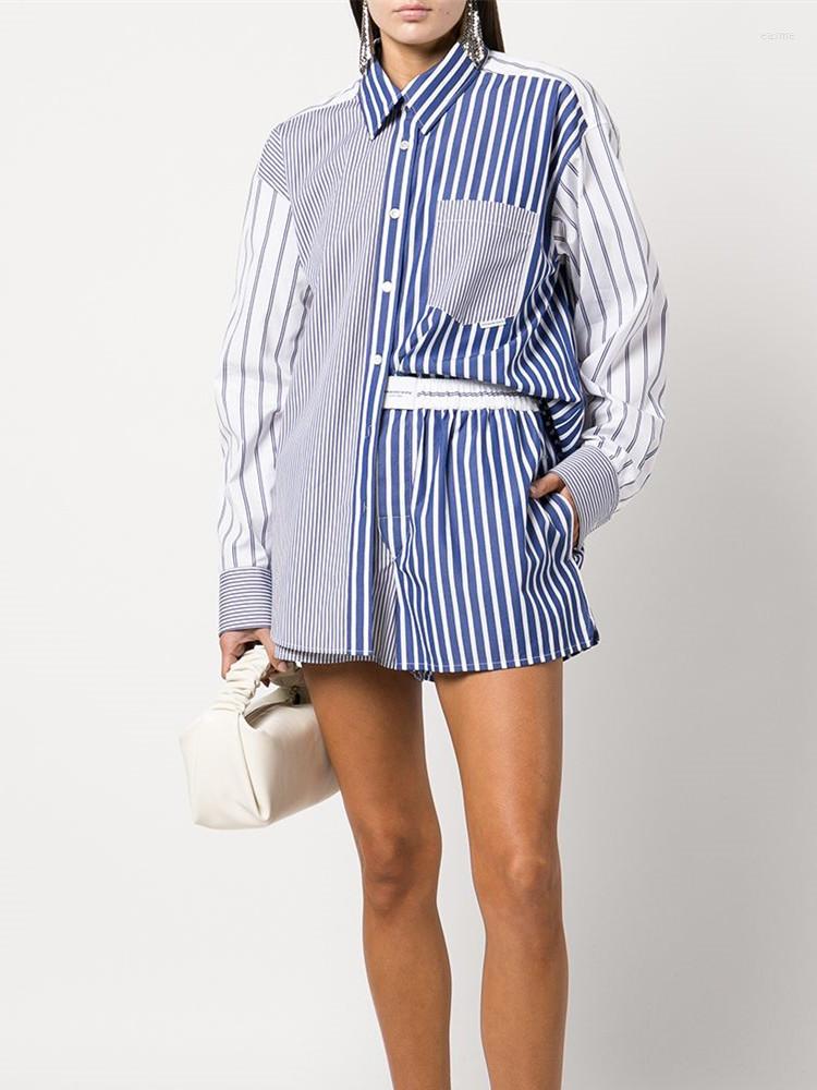 

Women' Blouses Women Single Pocket Turn-down Collar Blue And White Striped Simple Top Long Sleeve Ladies Loose Shirt, Stripes