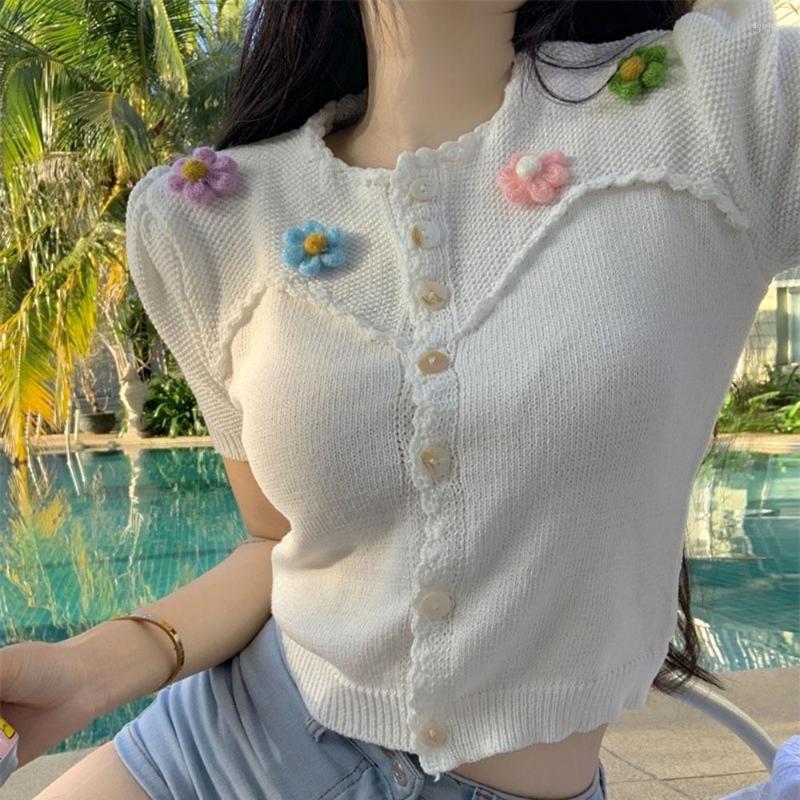 

Women' Knits French Vintage Summer Thin Ice Silk Knitted Tees Short Puff Sleeve T-shirt Women' Sweet Sweater Cardigan Sexy Girl Chic, Pink