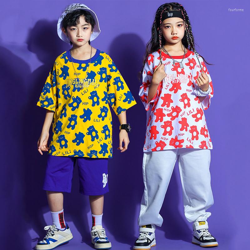 

Stage Wear Summer Cartoon Print Top Jogger Pants For Girls Jazz Dance Costumes Boys Street Clothes Kids Hip Hop Cloth Outfit SL7070, Yellow top