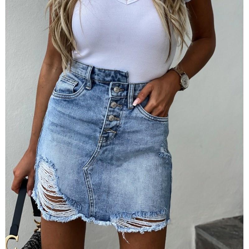 

Skirts Women' Casual Fashion Buttons Denim Short Skirt Irregular Frayed Hole Distressed Ripped Ladies Slim Tight Pencil Jean SkirtSkirt, Blue