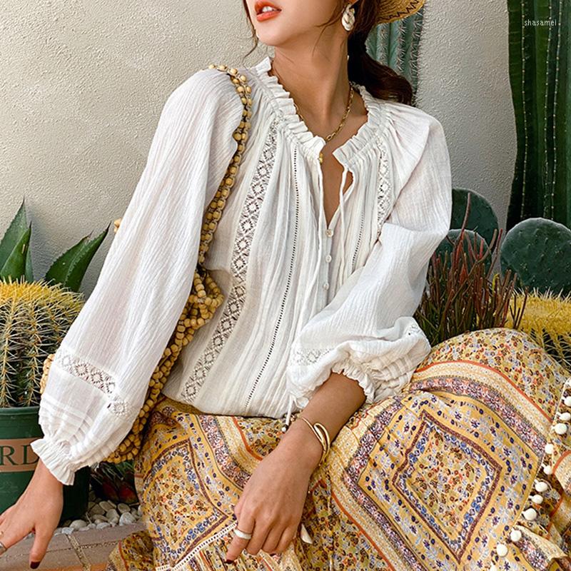 

Women' Blouses TOP QUALITY Women Cotton White Long Lantern Sleeve Lace Hollow Out Loose Fit Casual Shirts