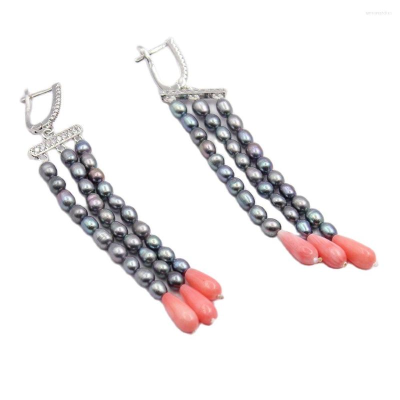 

Dangle Earrings GuaiGuai Jewelry Pink Coral Black Pearl CZ Paved Lever Back Handmade For Women