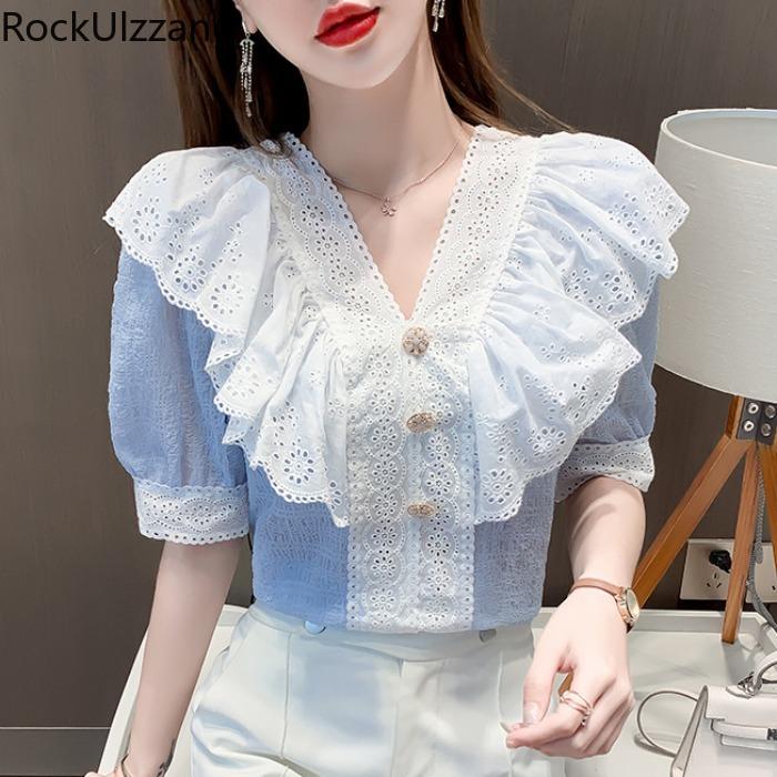 

Women' Blouses & Shirts Patchwork Lace Ruffle Chiffon Short Sleeve V Neck Luxury Shirt Office Work Ladies Sexy Fashion Blouse Summer Unders, Blue