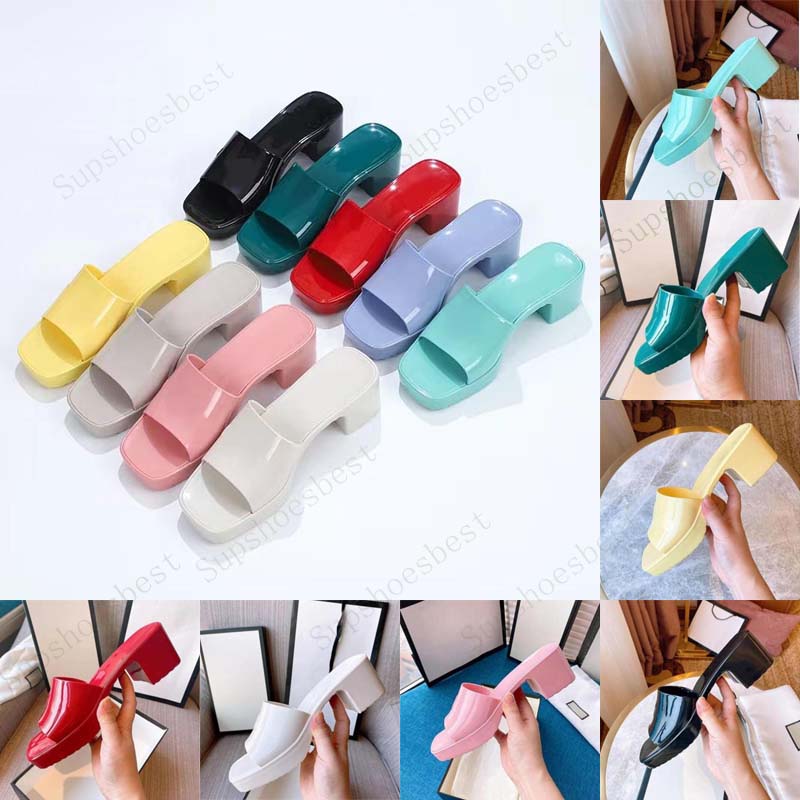 

New Designer Women Slippers Chunky Rubber Slippers Jelly Sandals High Heels Sandal Summer Thick Bottom Slipper Beach Slides Alphabet Pink Green Candy Colors, Color 1