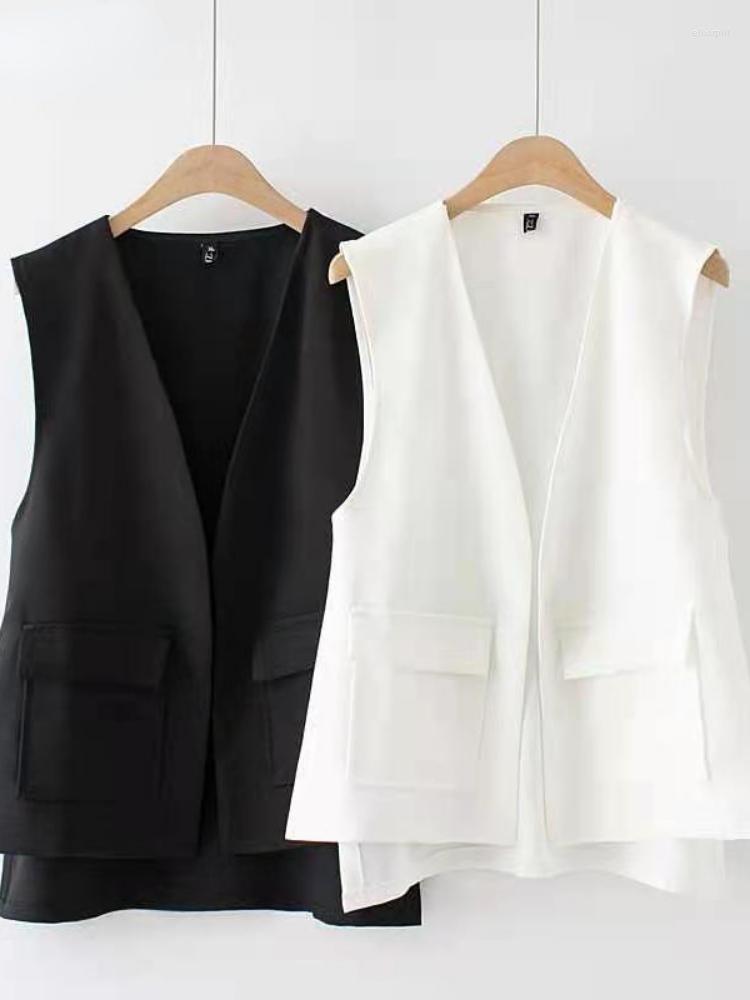 

Women's Vests Women Office All-match Elegant Pocket Open Stitch Simple Spring Autumn Female Buttons Side-slit Hipster V-neck Solid Color, White
