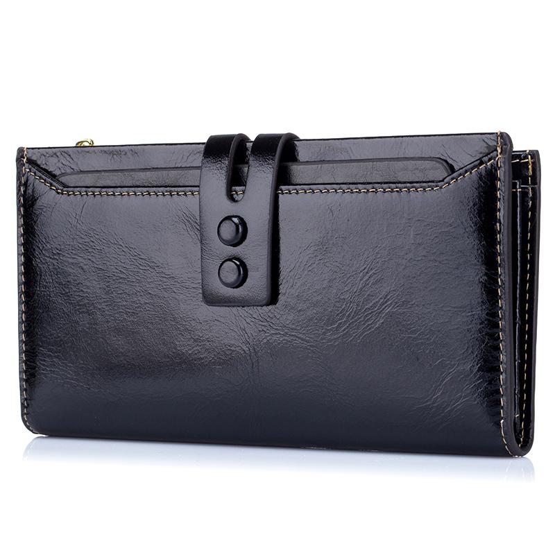 

Wallets Arrivals Long Retro Large Capacity Women Zipper Genuine Oil Wax Leather Clutch Purse With Detachable Card SlotsWallets, Black
