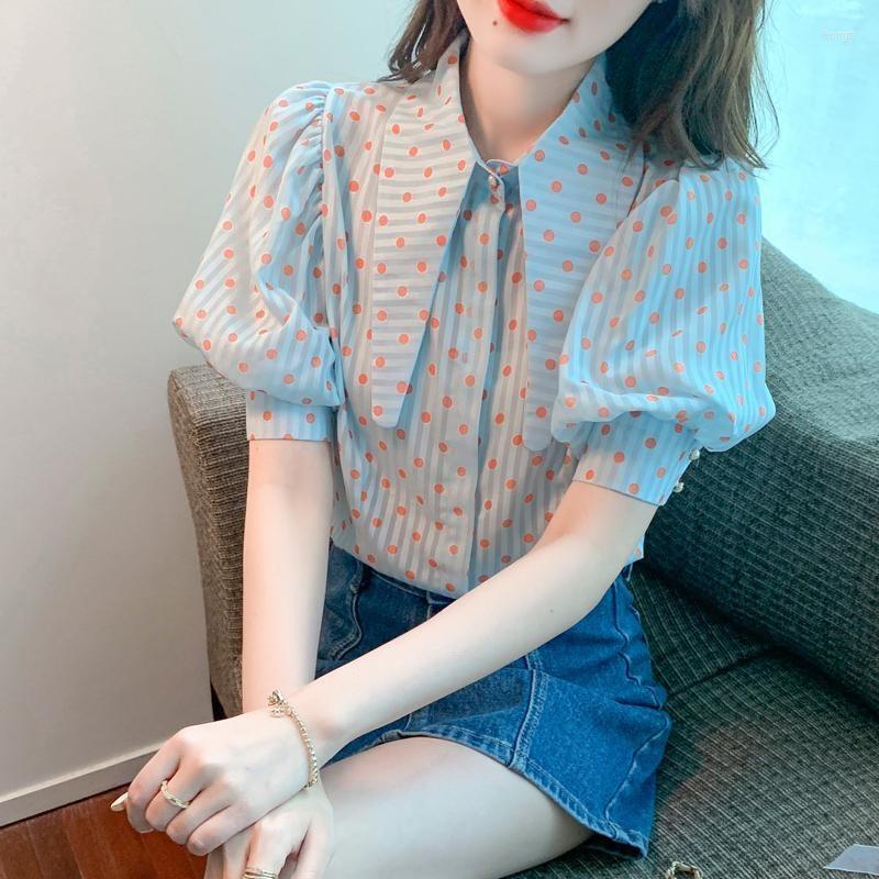 

Women' Blouses Fashion Women' Short Sleeve 2023 Summer Design Chiffon Shirt Top Vintage Clothes For Women Tops Shirts, Blue dot