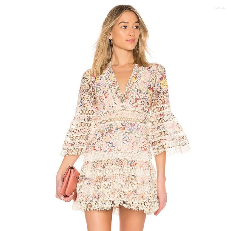 

Party Dresses Multicolor Ruffle Plunge V Neck Embroidery Cut Out Floral Half Sleeve Summer Lace Mini Dress, Picture shown