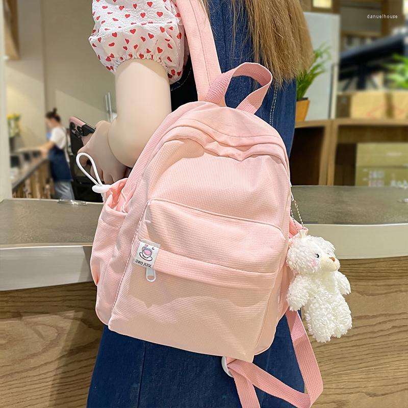 

School Bags Simple Women Backpack With Pendant Casual Bag For Teenager Girl College Student Solid Color Small Shoulder Travel, Black