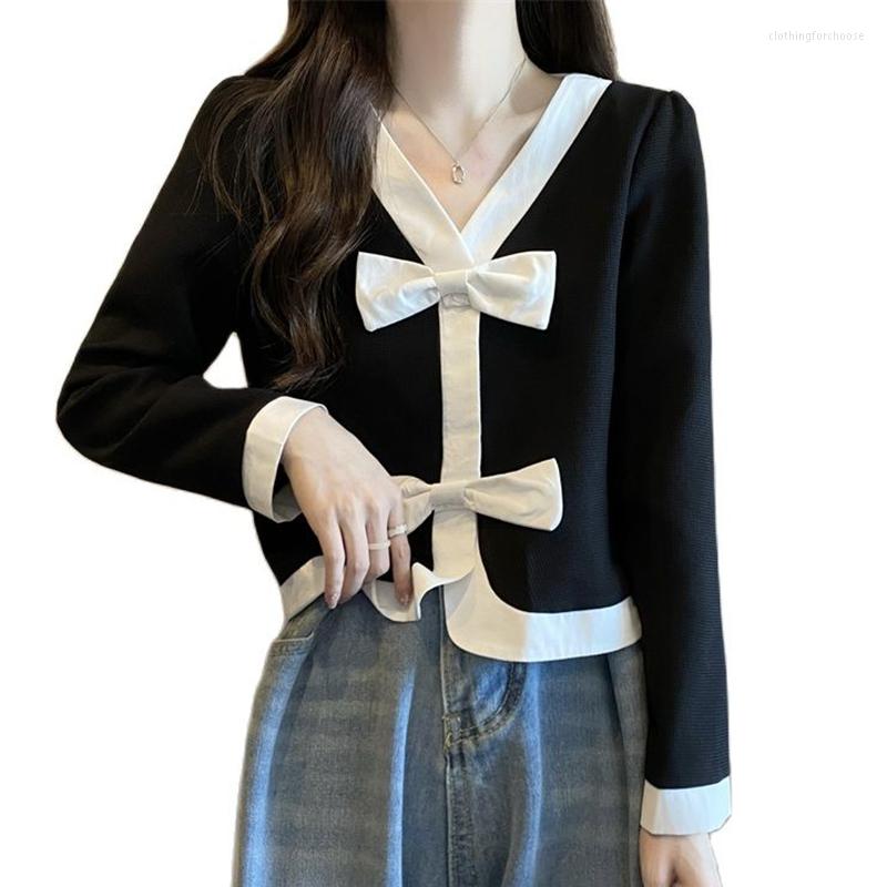 

Women's Jackets Black White Sweet Short Coats V-Neck Bow Spring Autumn Winter Vintage Cardigan Fashion Woman Elegant Women'S 2023