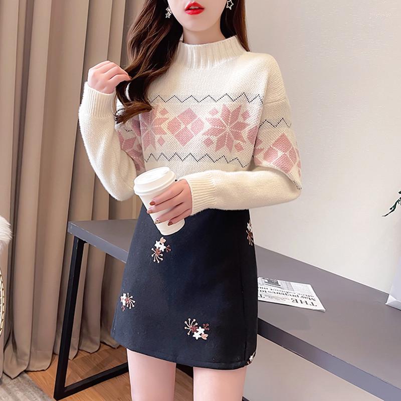 

Work Dresses Korean Fashion Knitwear Tops Woolen Skirt Two Piece Set Women Jacquard Thick Warm Sweater Embroidery Mini 2 Sets, Pink