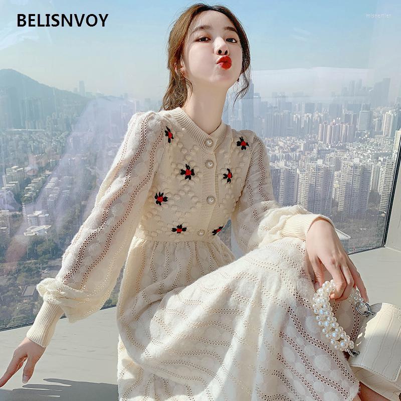 

Casual Dresses Knitting Sweater Maxi For Women Female Korea Style Slim Embroidery Wool Long Sleeve Woman Dress Party Corduroy, Black
