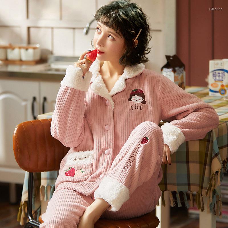 

Women's Sleepwear Women's Autumn And Winter Thickened Warm Flannel Girl's Homewear Cartoon Pajamas Set