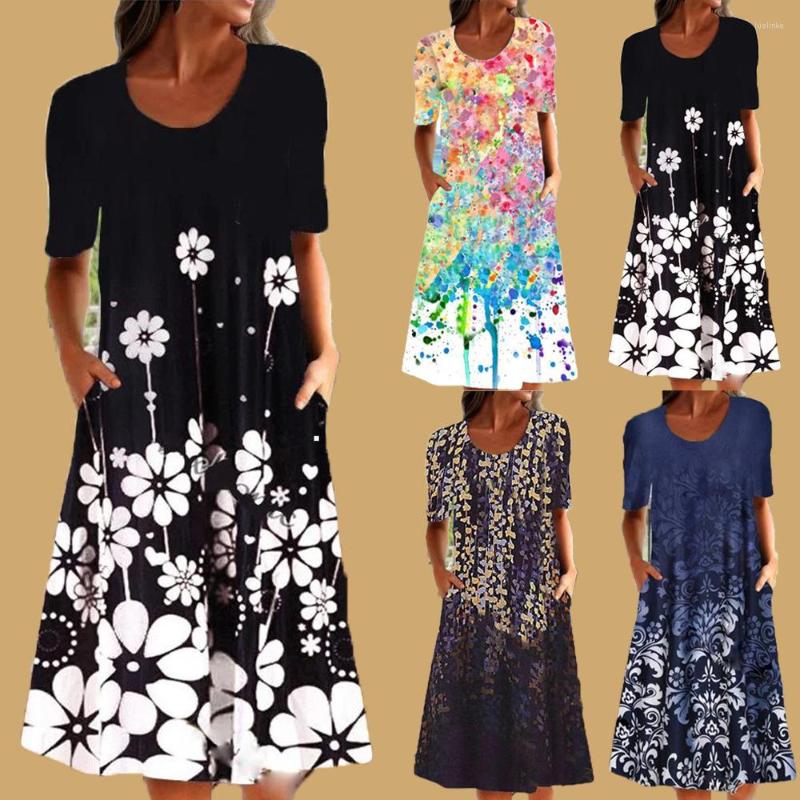 

Party Dresses Vintage Loose Dress Summer O-Neck Short Sleeve Pocket Floral Print Knee Length SLFKJ-1221, Blue