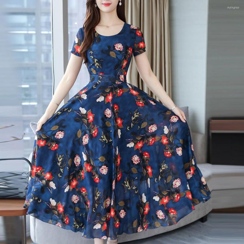 

Party Dresses Women Fashion Summer Dress Casual Elegant Vintage Short-Sleeve Beach Printing A-Line Sundress Femme Robe, Blue