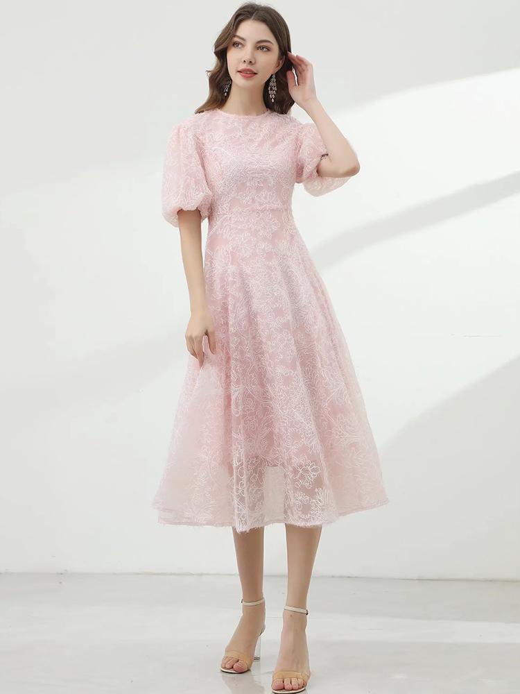 

Party Dresses MoaaYina Fashion Runway Dress Summer Women' O-neck Puff Sleeve High Waist Yarn Pink Elegant DressesParty