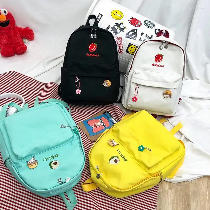 

School Bags Casual Canvas Backpack Kawaii Women Embroidery Fruit For Teenager Girls Shoulder Bag Mochilas Rucksacks, Black