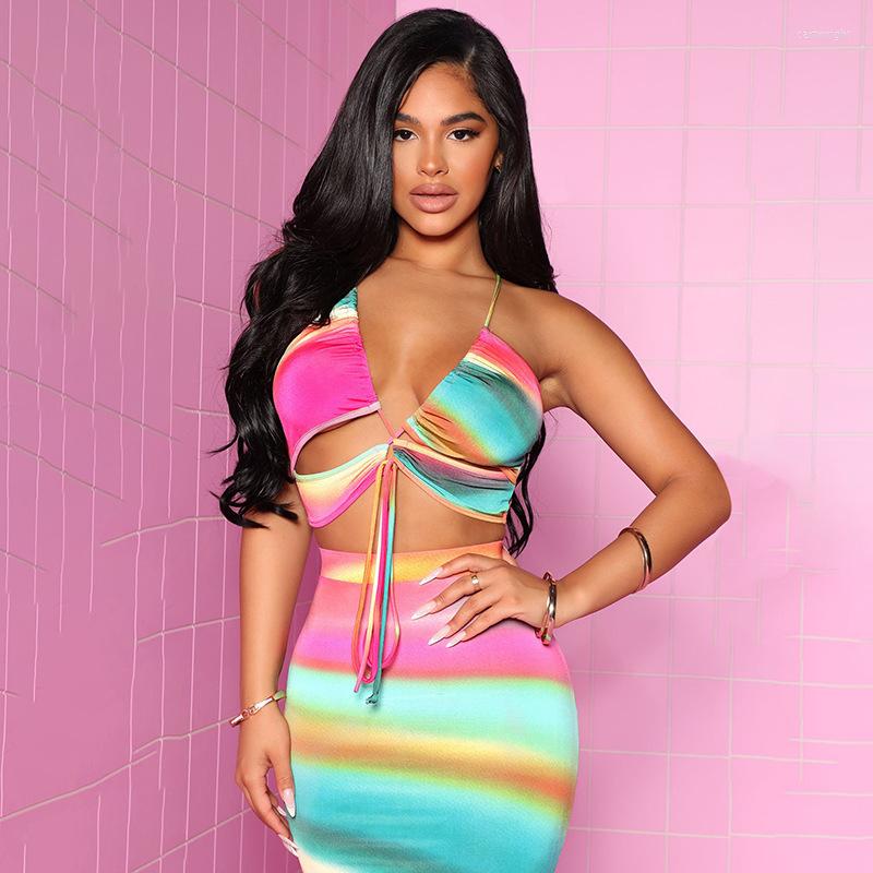 

Work Dresses Hirigin 2023 Womens Vacation Outfits Club Wear Tie Dye Gradient Printed Bodycon Long Dress Sets Sexy 2 Piece Skirt, Picture shown