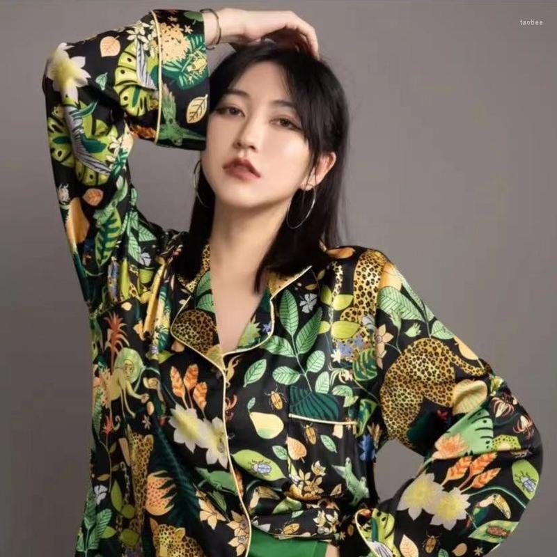 

Women's Sleepwear QWEEK Art Printing Pajamas For Women Silk Satin Leopard Long Sleeve Pants Temperament Homewear Green Trouser Suits, Set