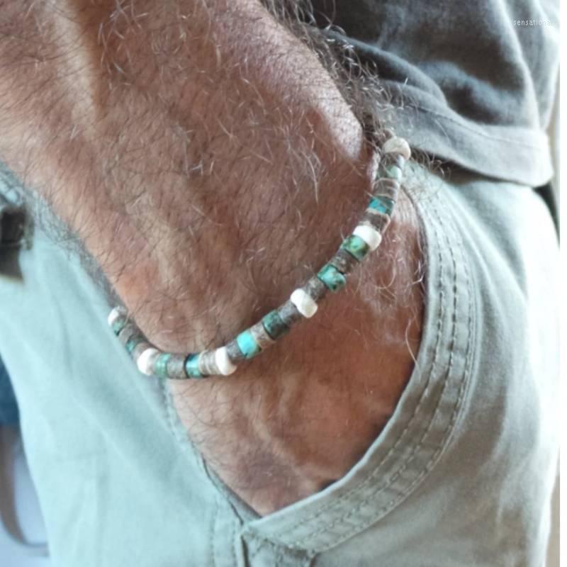 

Strand Mens Bracelet. Beaded Surfer Style Turquoise Bracelet.Mens Gemstone Bracelet